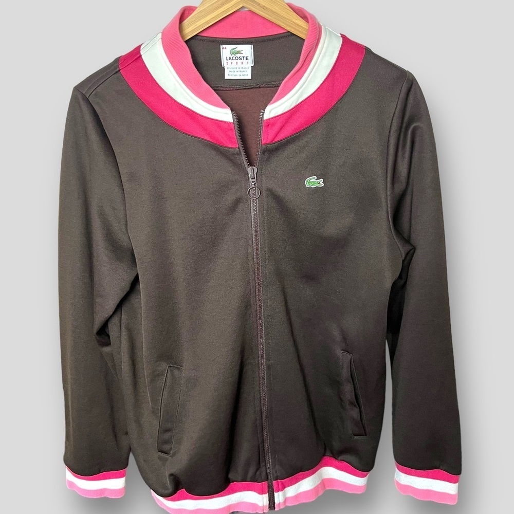 LACOSTE Sport Women's Vintage Zip-Up Brown Jacket w/Stripes.